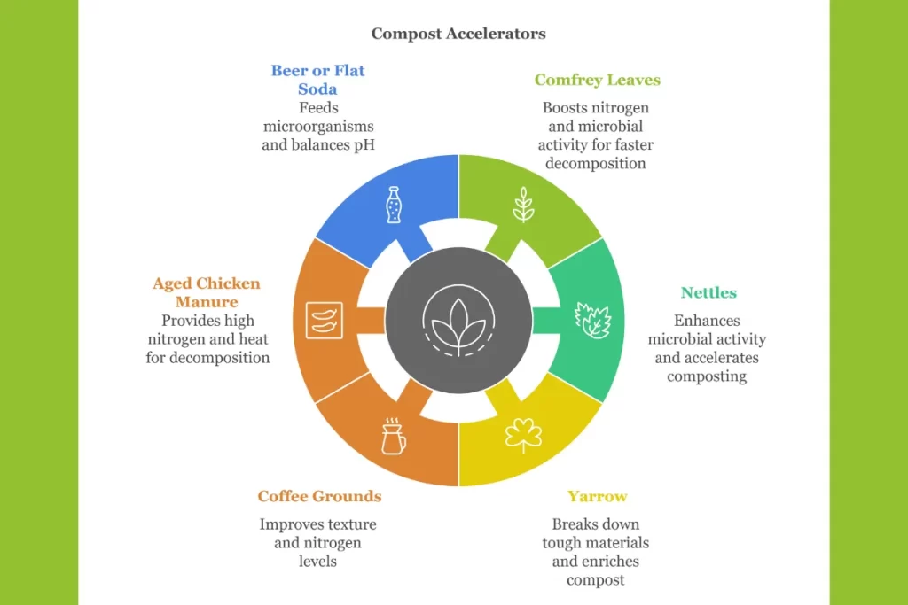 Compost accelerators diagram showing beer or flat soda, comfrey leaves, nettles, yarrow, coffee grounds, and aged chicken manure as additives to speed up square foot garden compost decomposition.