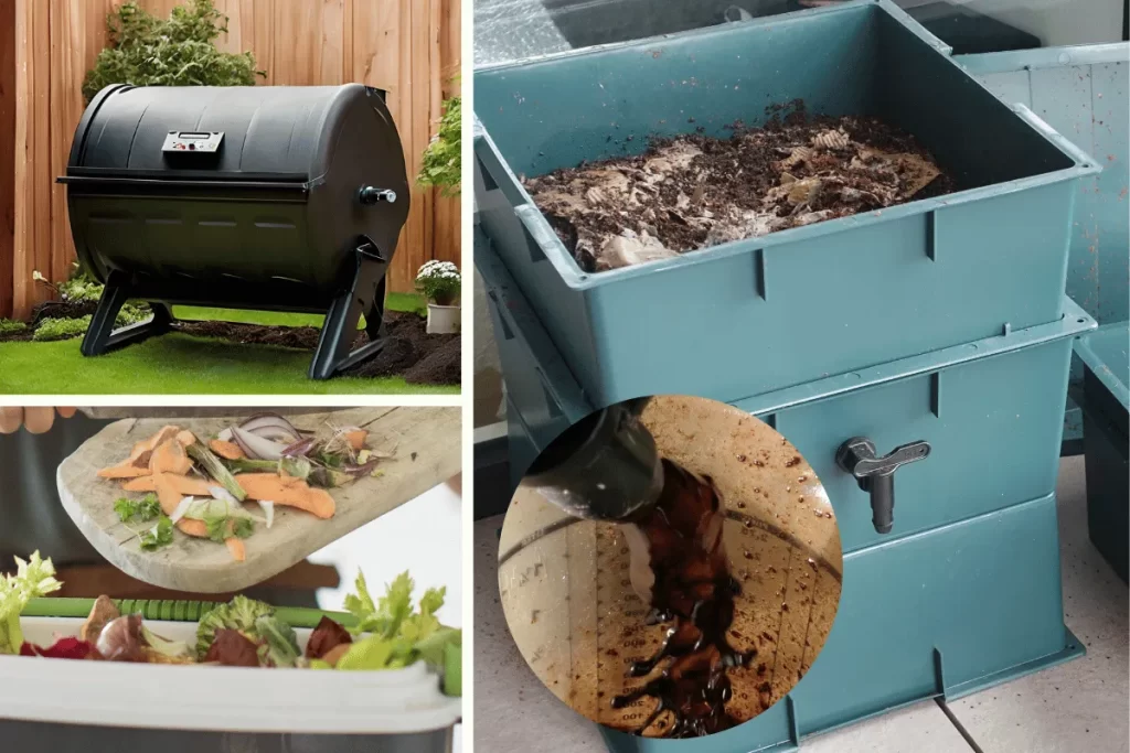 Different composting methods for small spaces including a black tumbling composter, a green vermicomposting bin producing compost tea, and kitchen food scraps ready for composting. Ideal for creating square foot garden compost.