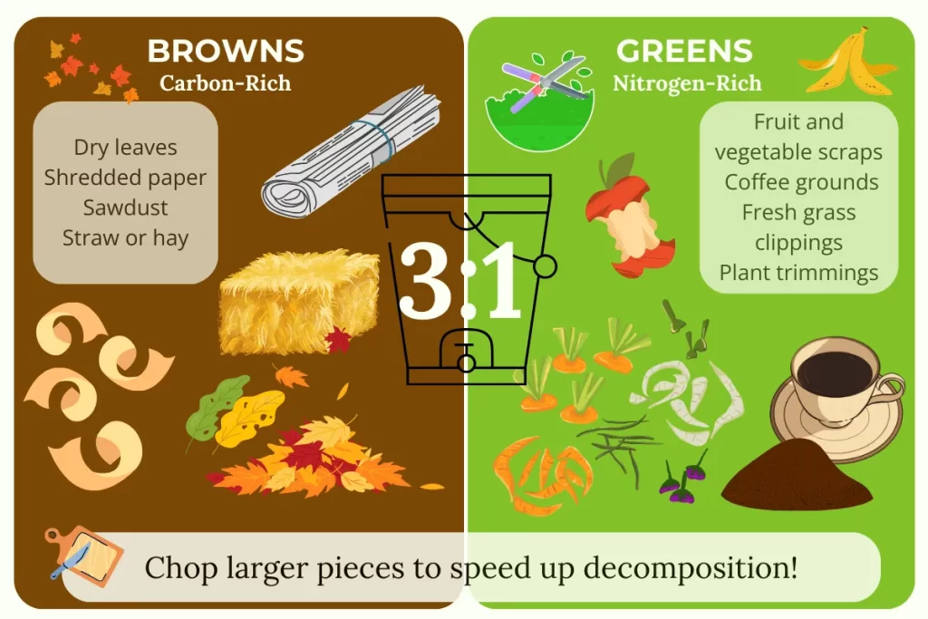 Square foot garden compost ingredient guide showing the 3:1 ratio of carbon-rich browns like dry leaves and shredded paper to nitrogen-rich greens like fruit scraps and coffee grounds.