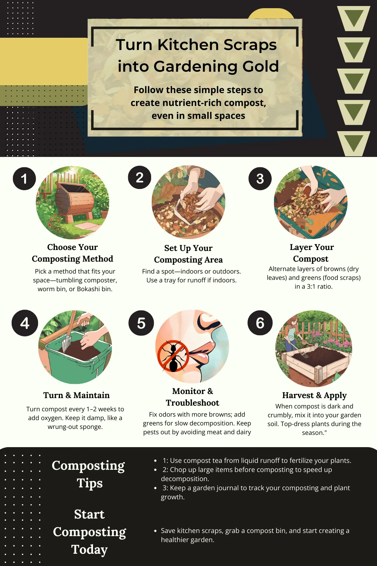 Step-by-step infographic showing how to turn kitchen scraps into square foot garden compost using methods like tumbling composters, worm bins, and Bokashi bins, with tips for layering, maintaining, and applying compost.