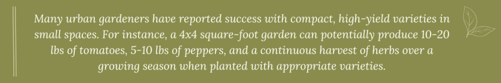 Informational graphic with green background stating that a 4x4 square-foot garden can yield 10-20 lbs of tomatoes, 5-10 lbs of peppers, and herbs.