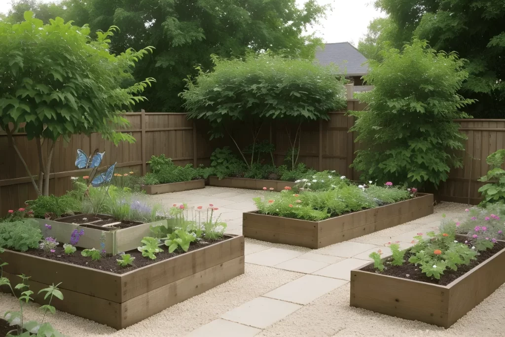 Beautiful small space garden featuring raised beds with vegetables, herbs, and flowers, arranged for both productivity and visual appeal.