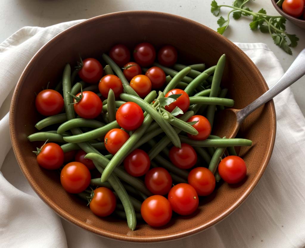 Freshly harvested cherry tomatoes and green beans in a bowl, showcasing the delicious results of vertical gardening in a square foot garden.