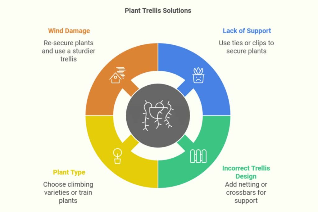 Circular infographic showing common trellis problems in a square foot garden with solutions for wind damage, lack of support, incorrect design, and plant type.