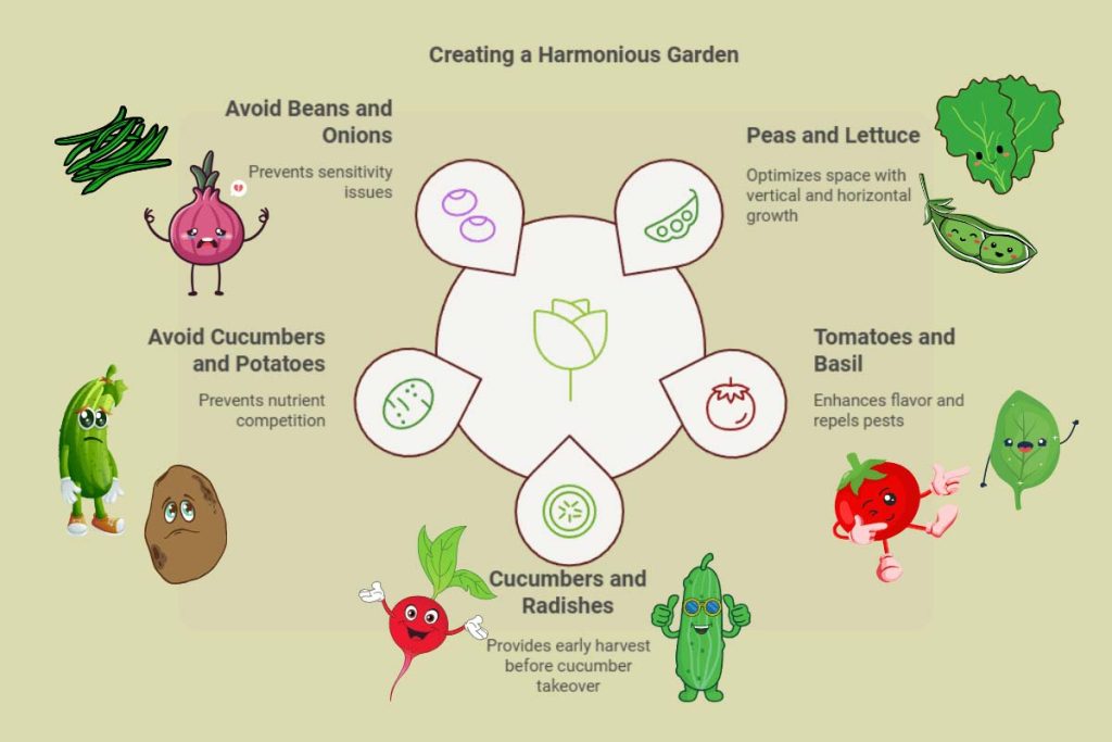 Infographic illustrating companion planting around trellised crops in a square foot garden, showing which plants pair well or poorly for healthier growth.