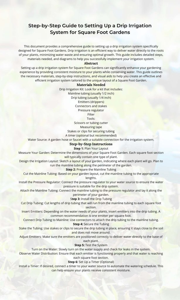 Step-by-step guide infographic for setting up a drip irrigation system, including a materials list and watering instructions.