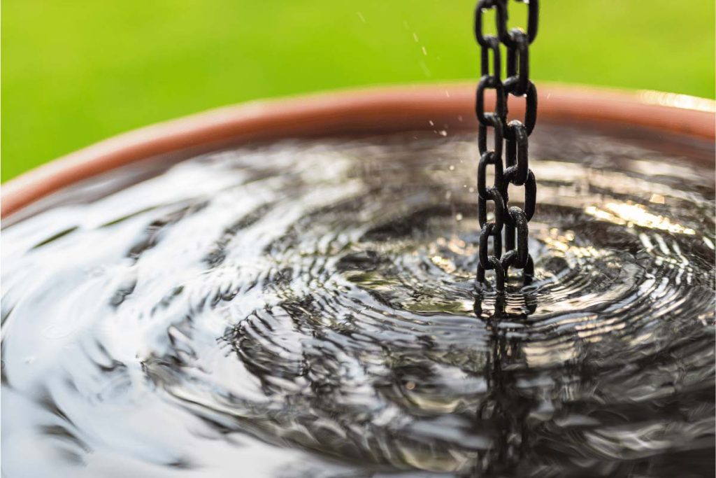 Close-up of rainwater flowing down a rain chain into a water collection barrel, a sustainable method for irrigating Square Foot Gardens.
