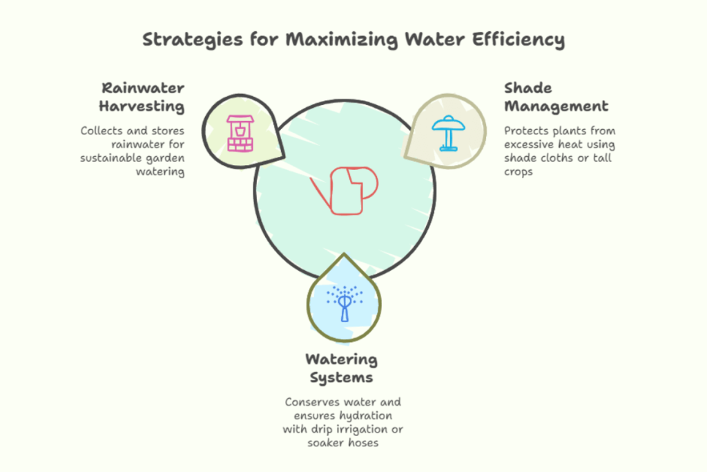 Infographic showing three strategies for maximizing water efficiency in gardens: rainwater harvesting, shade management, and efficient watering systems.
