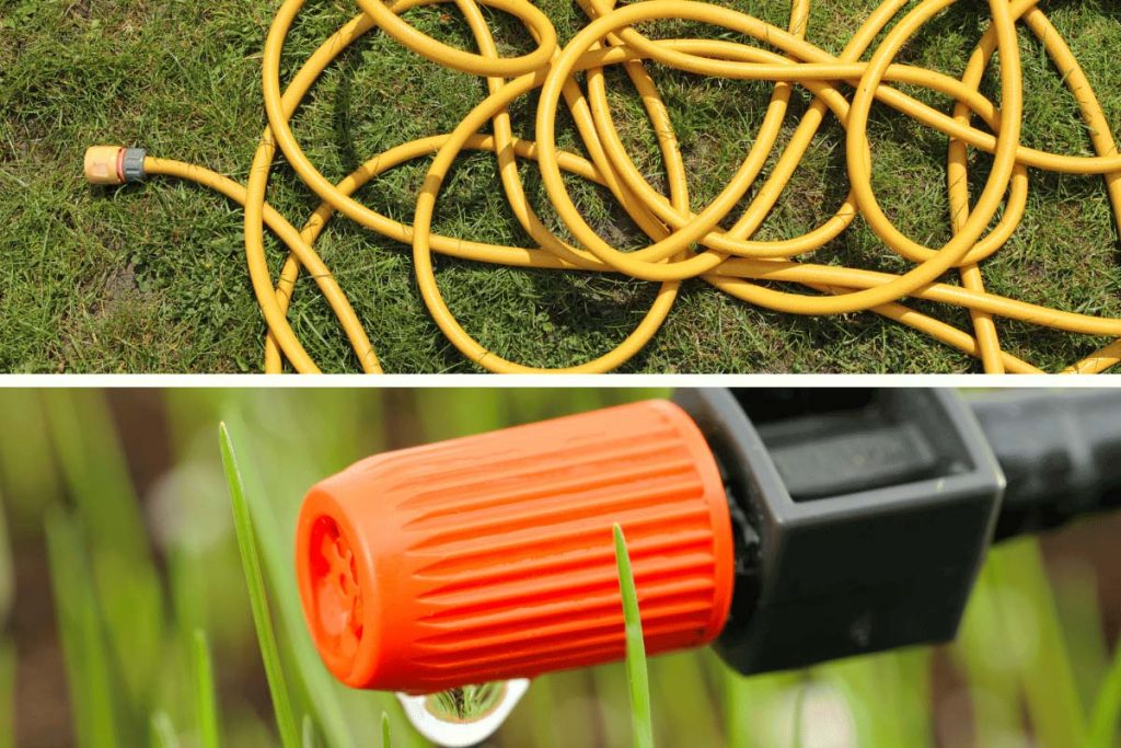 Tangled yellow garden hose and close-up of orange hose nozzle used for watering a Square Foot Garden in an urban backyard.