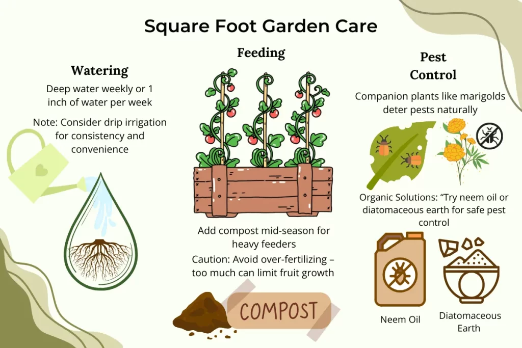 Square foot gardening care infographic showing best practices for watering, feeding with compost, and organic pest control using neem oil and companion planting.
