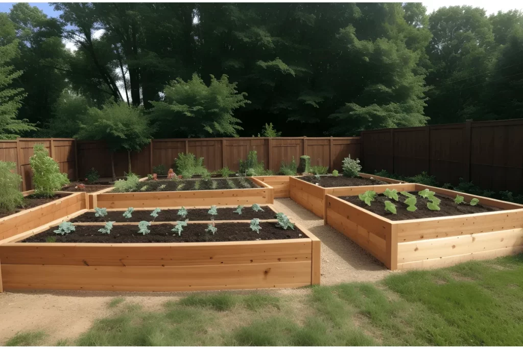 Neatly arranged square foot garden beds in a backyard setting, showing a productive and organized layout for small space gardening success.