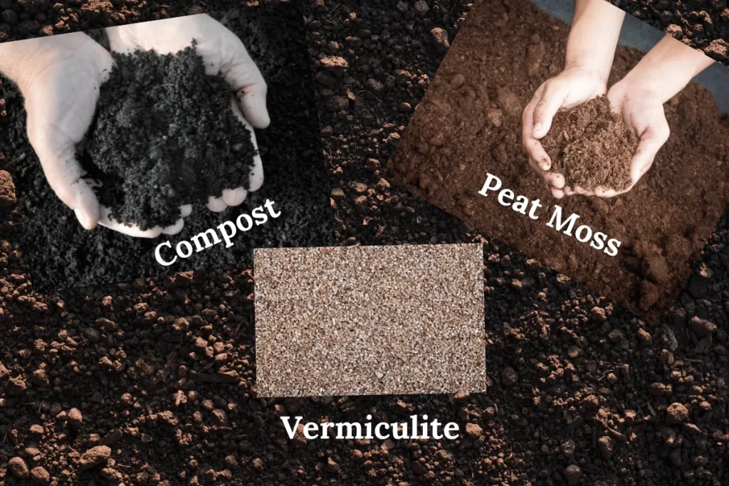 Visual breakdown of Mel’s Mix ingredients for square foot gardening: compost, peat moss, and vermiculite, each shown in separate labeled sections.