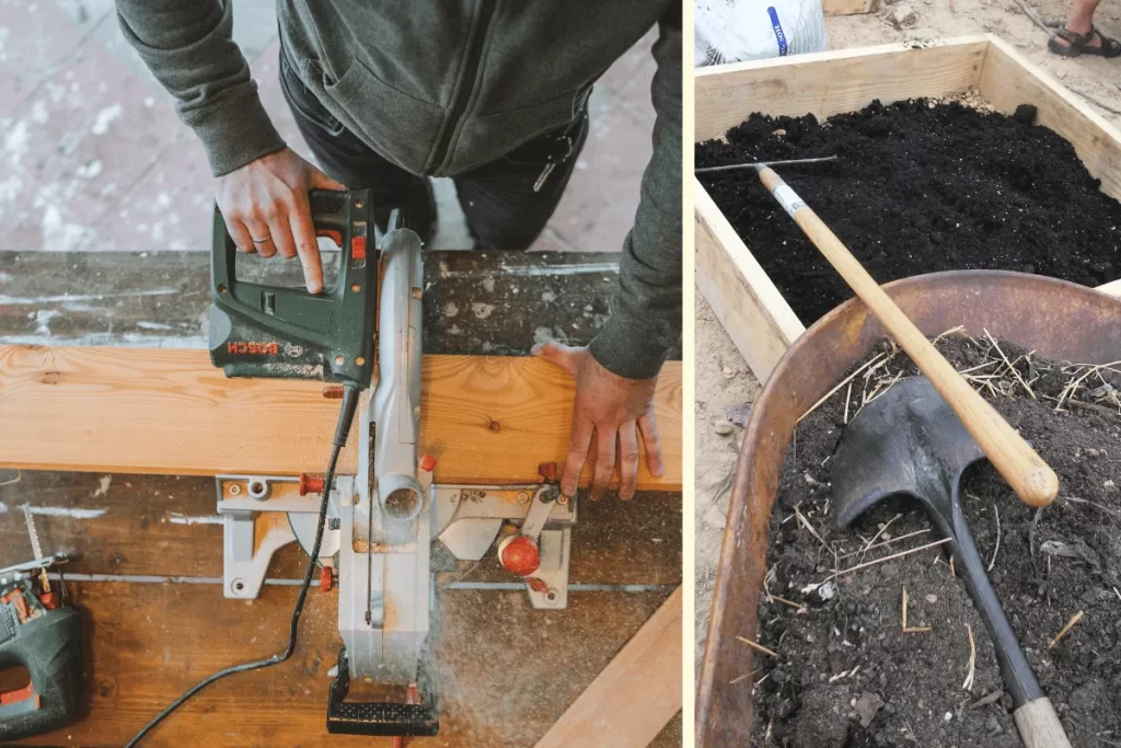 Building a square foot garden raised bed, showing a person cutting wood with a circular saw and a filled raised bed with a shovel and compost.