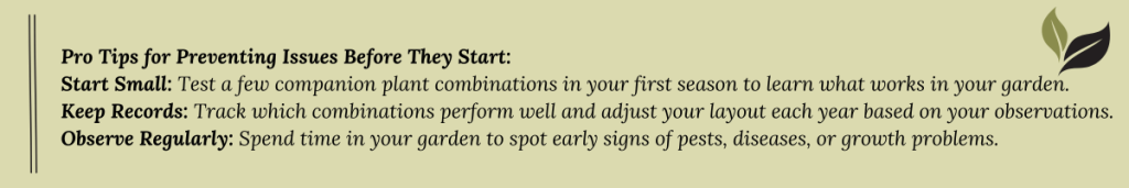 Graphic listing pro tips for preventing gardening issues: start small, keep records, and observe regularly.