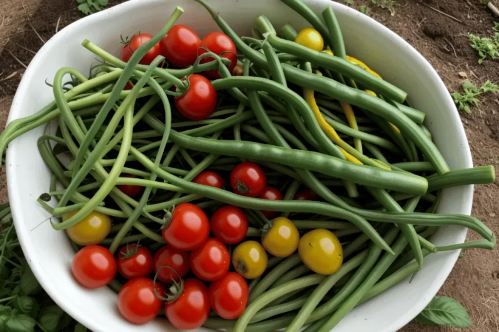 Freshly harvested red and yellow tomatoes with green beans in a white container from a square foot garden companion planting bed.